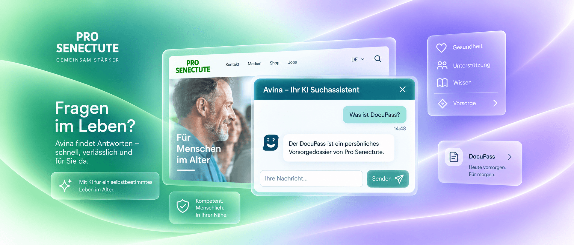 Avina's chat assistant answering a question on prosenectute.ch, shown alongside the site's navigation and quick-access topics